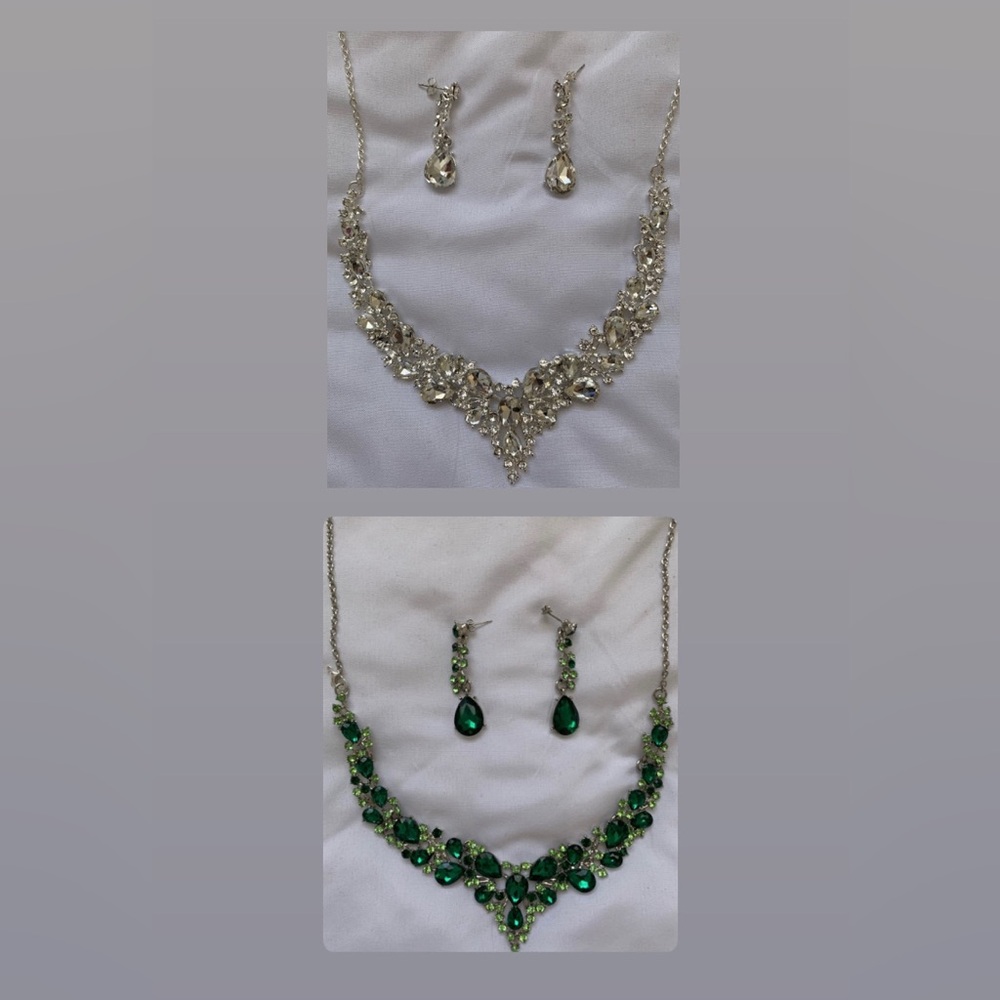 Sliver And Green Necklace & Earring Sets (BOTH)